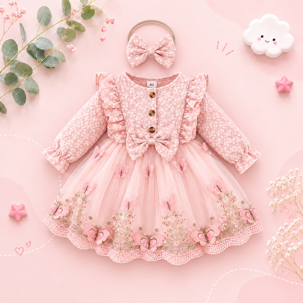 The Madilyn - Baby Girl Pink Long Sleeve Ruffles Bow Butterfly Party Dress