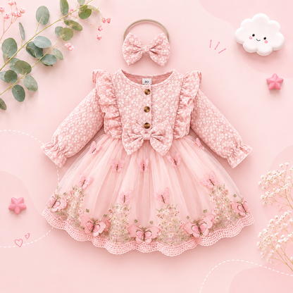 The Madilyn - Baby Girl Pink Long Sleeve Ruffles Bow Butterfly Party Dress