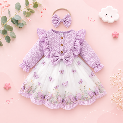 The Madilyn - Baby Girl Purple Long Sleeve Ruffles Bow Butterfly Party Dress