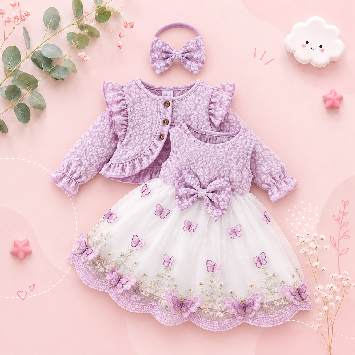 The Madilyn - Baby Girl Purple Long Sleeve Ruffles Bow Butterfly Party Dress