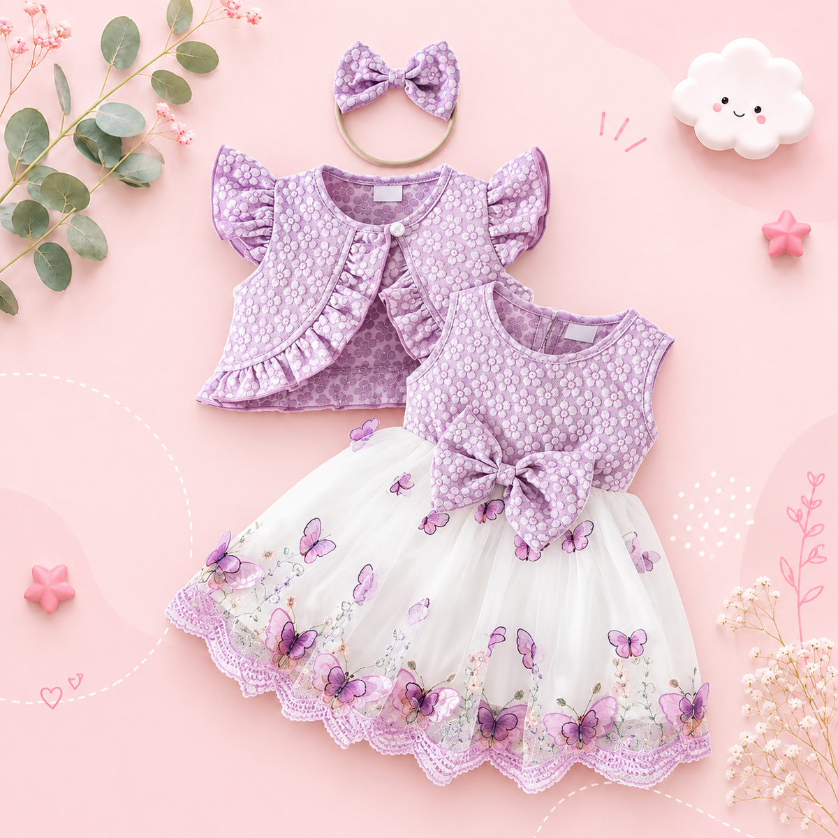The Madilyn - Baby Girl Purple Long Sleeve Ruffles Bow Butterfly Party Dress