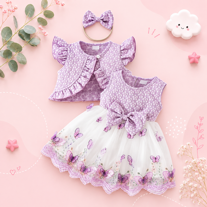 The Madilyn - Baby Girl Purple Long Sleeve Ruffles Bow Butterfly Party Dress