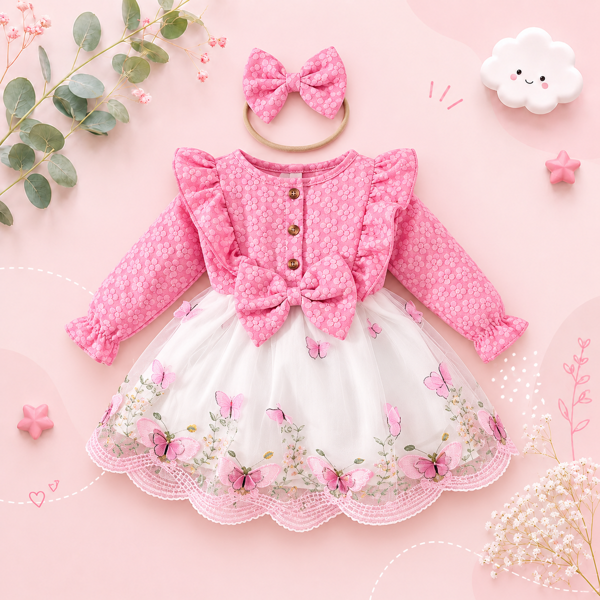 The Madilyn - Baby Girl Pink Long Sleeve Ruffles Bow Butterfly Party Dress
