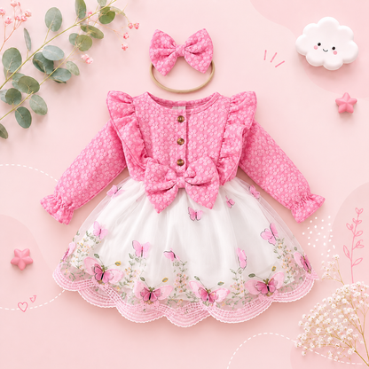 The Madilyn - Baby Girl Pink Long Sleeve Ruffles Bow Butterfly Party Dress