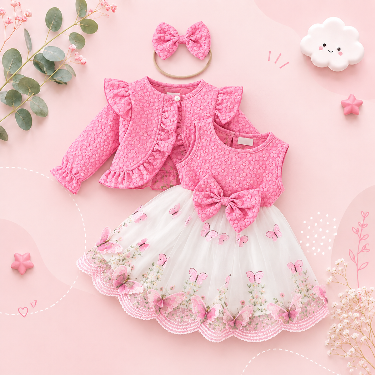 The Madilyn - Baby Girl Pink Long Sleeve Ruffles Bow Butterfly Party Dress
