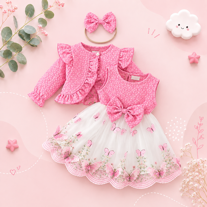 The Madilyn - Baby Girl Pink Long Sleeve Ruffles Bow Butterfly Party Dress