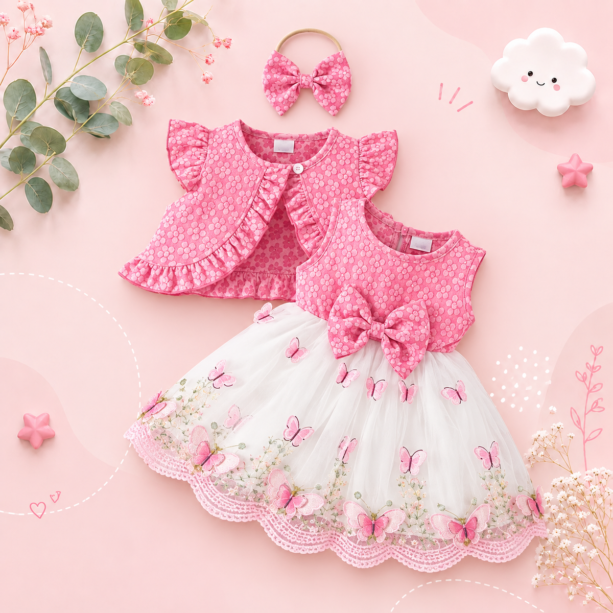 The Madilyn - Baby Girl Pink Long Sleeve Ruffles Bow Butterfly Party Dress
