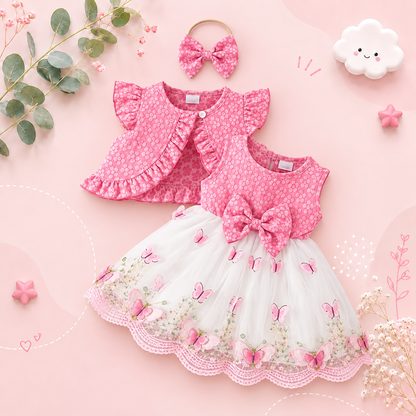 The Madilyn - Baby Girl Pink Long Sleeve Ruffles Bow Butterfly Party Dress
