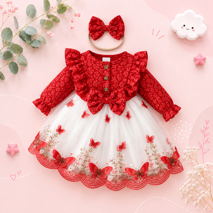The Madilyn - Baby Girl Red Long Sleeve Ruffles Bow Butterfly Party Dress