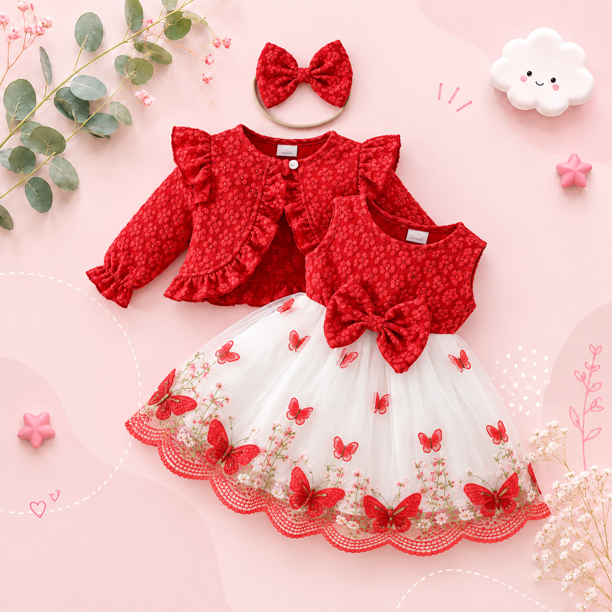 The Madilyn - Baby Girl Red Long Sleeve Ruffles Bow Butterfly Party Dress