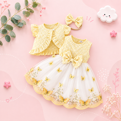 The Madilyn - Baby Girl Yellow Long Sleeve Ruffles Bow Butterfly Party Dress