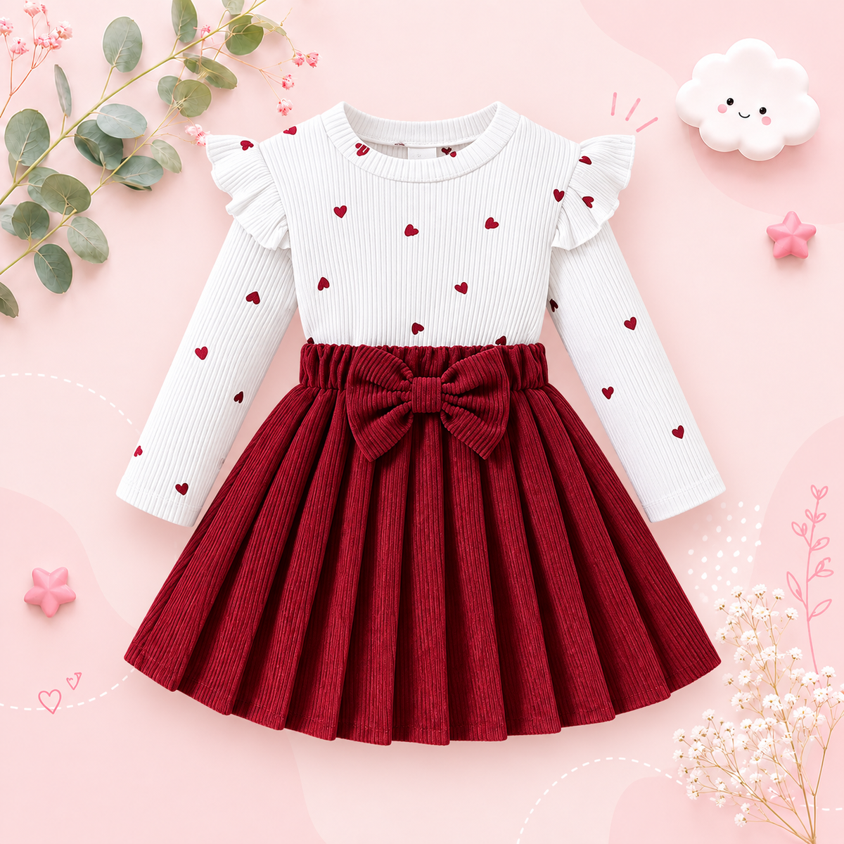 The Elle - Baby Girl Old Sweet And Lovely Red Love Pattern Top + Red Pleated Short Skirt With Bow Set