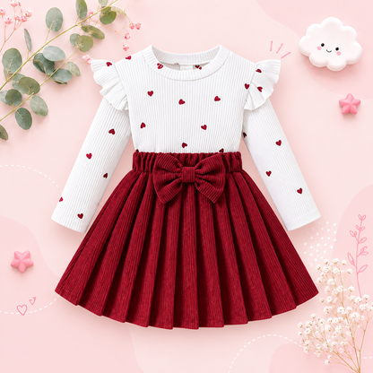The Elle - Baby Girl Old Sweet And Lovely Red Love Pattern Top + Red Pleated Short Skirt With Bow Set
