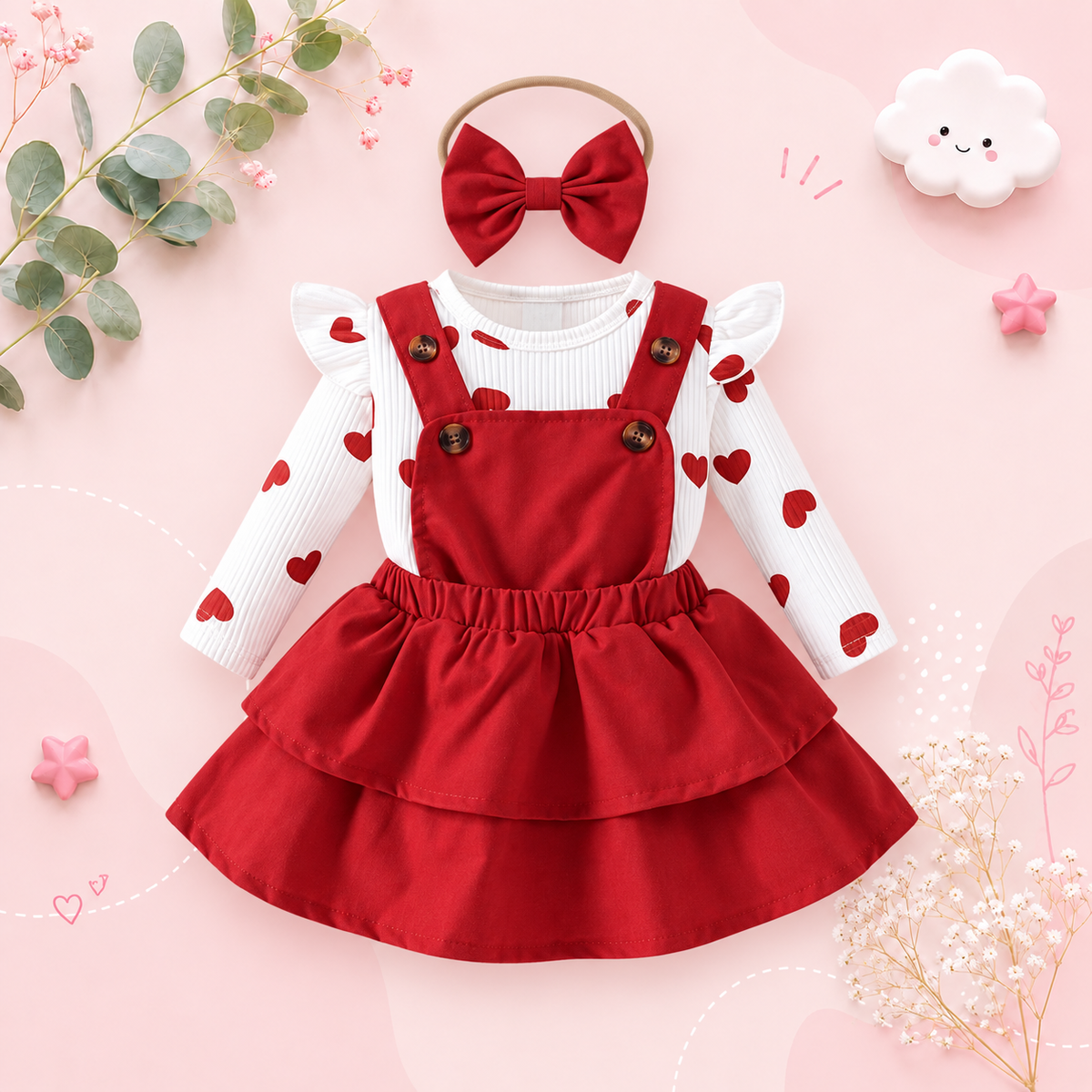 The Helena - Baby Girl Red Romper Suspender Skirt With Sweet Headband