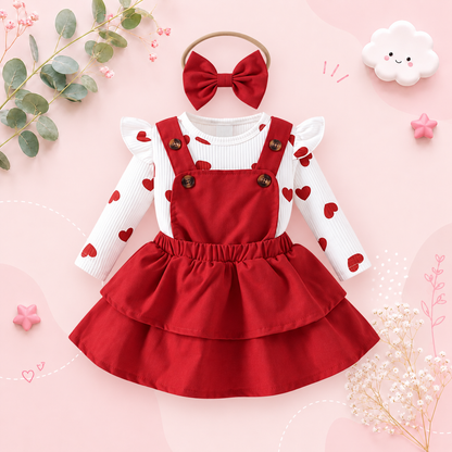 The Helena - Baby Girl Red Romper Suspender Skirt With Sweet Headband