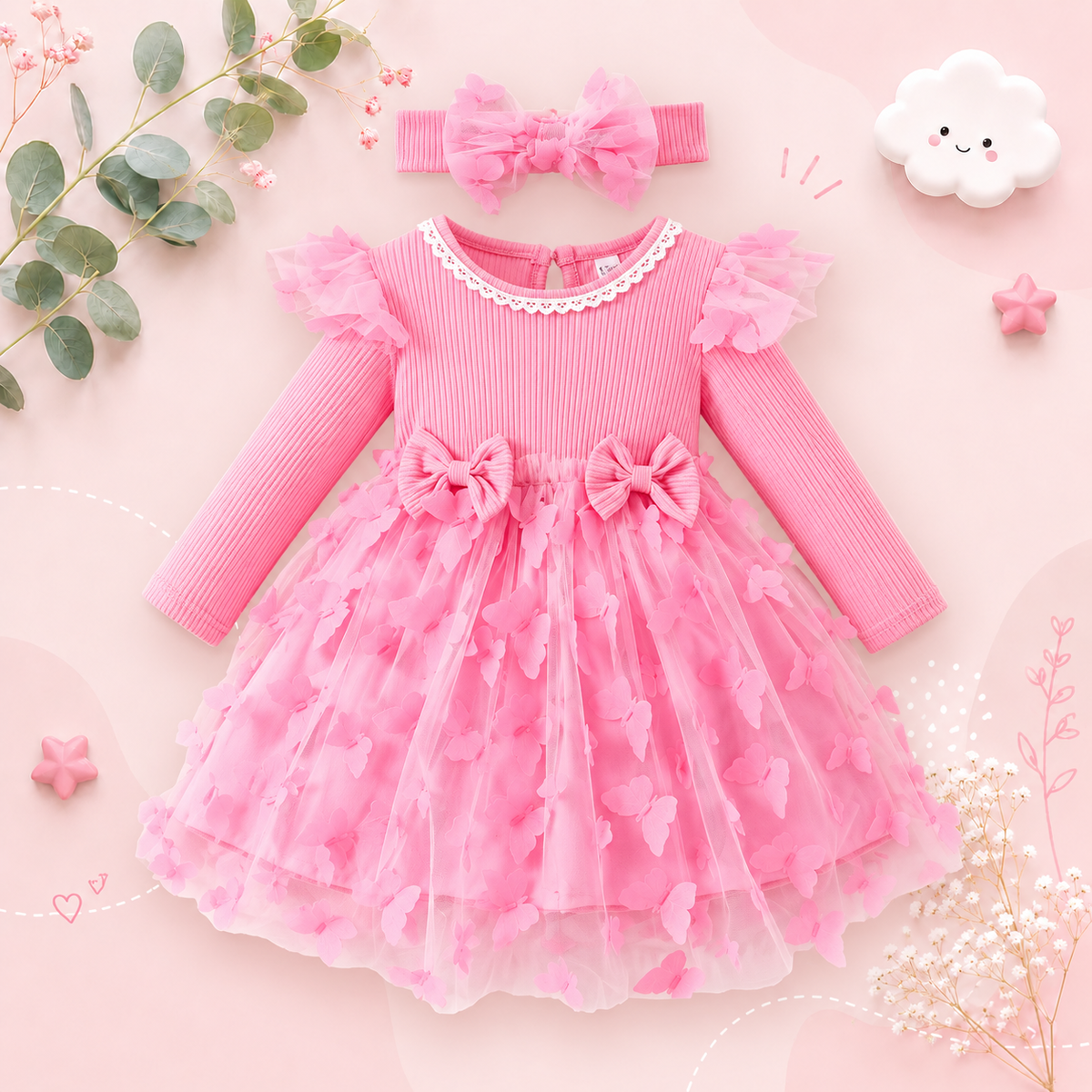 The Helen - Baby Girl Spring Sweetheart Style Pink Butterfly Tulle Dress