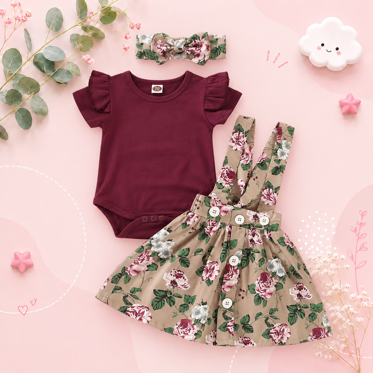 The Xiomara - Baby Girl Short Sleeve Romper + Suspender Skirt + Headband