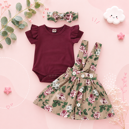 The Xiomara - Baby Girl Short Sleeve Romper + Suspender Skirt + Headband