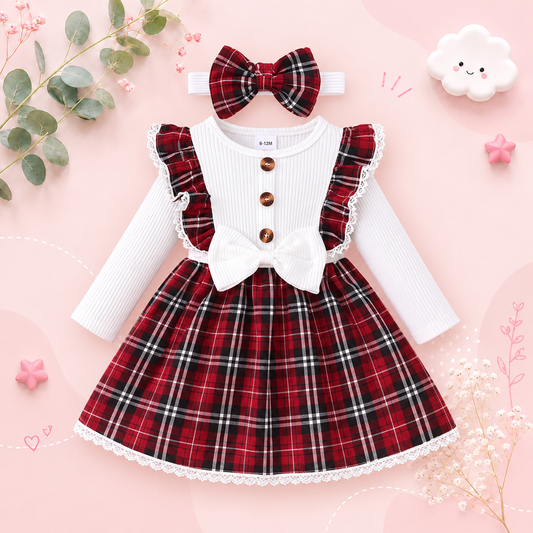 The Maren - Baby Girl Red Plaid Patchwork Groove Lace Design Bow Dress and Headband