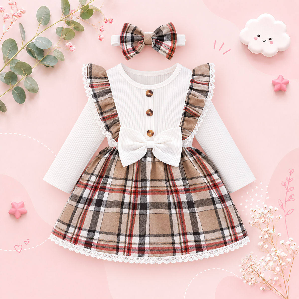 The Maren - Baby Girl Brown Plaid Patchwork Groove Lace Design Bow Dress and Headband