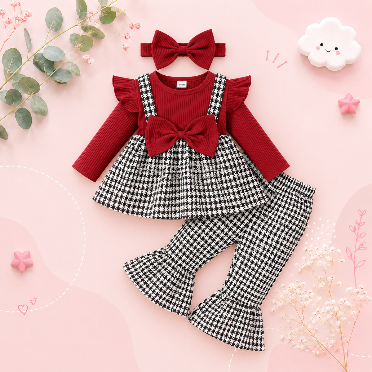 The Winnie - Baby Girl Round Neck Thousand Bird Grid Color Blocked Lotus Leaf Side Sleeve Fake Two Piece Strap Ski