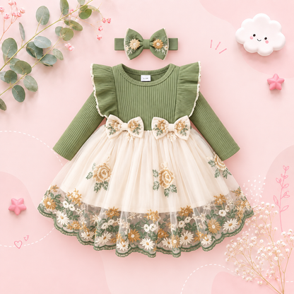 The Meredith - Baby Girl Ruffle Edge Long Sleeved Patchwork Flower Mesh Dress
