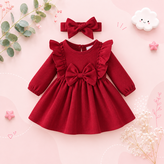 The Mariah - Baby Girl Red Ruffled Edges and Bow Long Sleeved Dress + Headband
