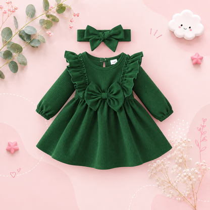 The Mariah - Baby Girl Green Ruffled Edges and Bow Long Sleeved Dress + Headband