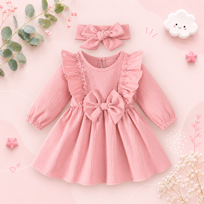 The Mariah - Baby Girl Pink Ruffled Edges and Bow Long Sleeved Dress + Headband