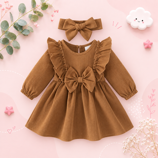 The Mariah - Baby Girl Brown Ruffled Edges and Bow Long Sleeved Dress + Headband