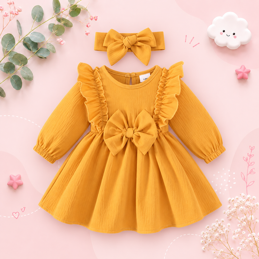 The Mariah - Baby Girl Yellow Ruffled Edges and Bow Long Sleeved Dress + Headband