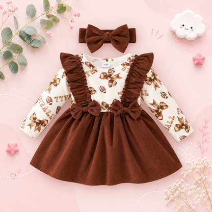 The Elisa - Baby Girl Brown Dress Ruffled Bow Corduroy Long Sleeved Dress + Headband