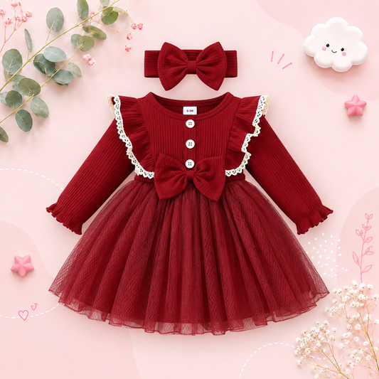 The Michelle - Baby Girl Romantic Mesh Splicing Pit Bar Round Neck Ruffle Lace Dress