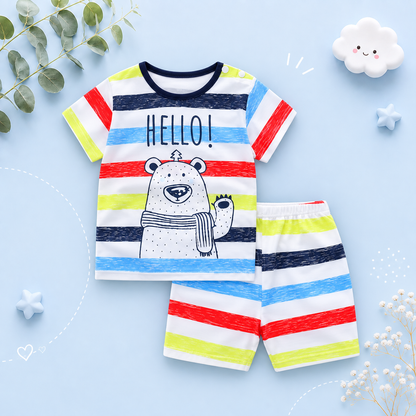 The Zayne - Baby Boy Hello Bear Print Rainbow Cartoon Print T-shirt + Loose Shorts