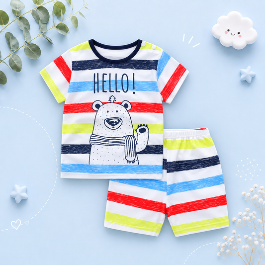 The Zayne - Baby Boy Hello Bear Print Rainbow Cartoon Print T-shirt + Loose Shorts