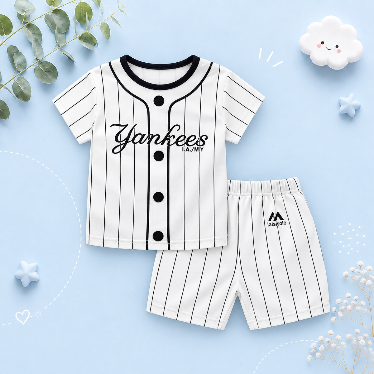 The Zayne - Baby Boy Yankees Cartoon Print T-shirt + Loose Shorts