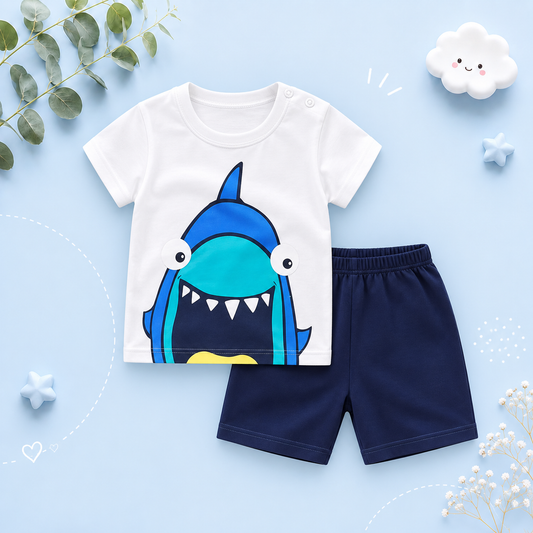 The Zayne - Baby Boy Blue Shark Cartoon Print T-shirt + Loose Shorts