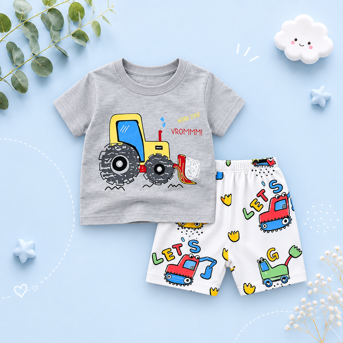 The Zayne - Baby Boy Tractor Cartoon Print T-shirt + Loose Shorts