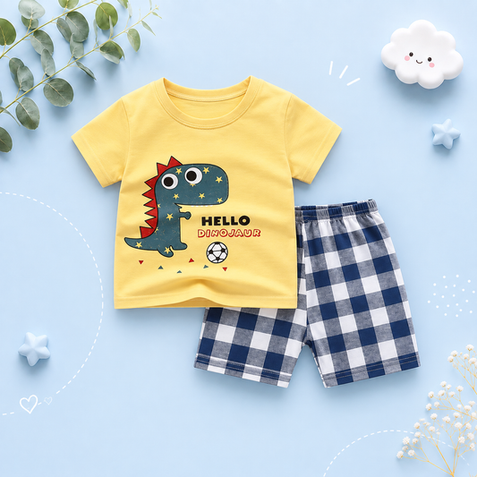 The Zayne - Baby Boy Dino Cartoon Print T-shirt + Loose Shorts