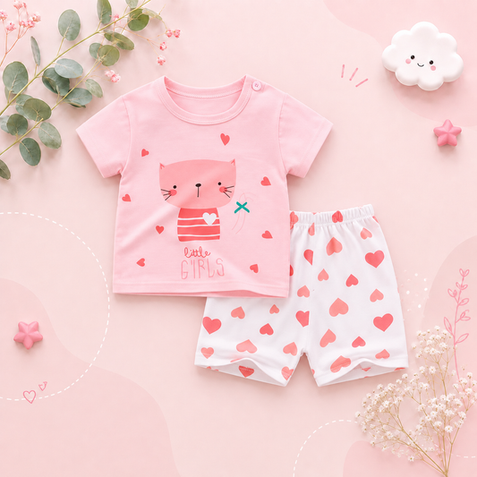 The Zayne - Baby Girl Pink Cat Little Girl Cartoon Print T-shirt + Loose Shorts