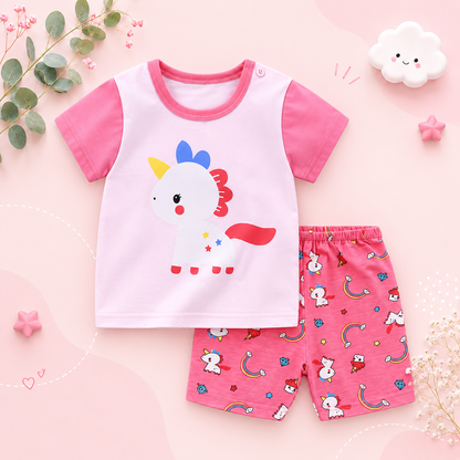 The Zayne - Baby Girl Pink Unicorn Cartoon Print T-shirt + Loose Shorts