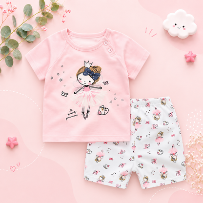 The Zayne - Baby Girl Pink Lady Cartoon Print T-shirt + Loose Shorts