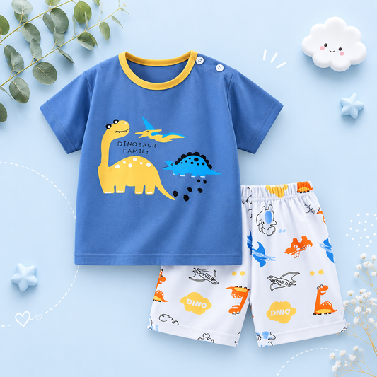 The Zayne - Baby Boy  Dino Family Cartoon Print T-shirt + Loose Shorts