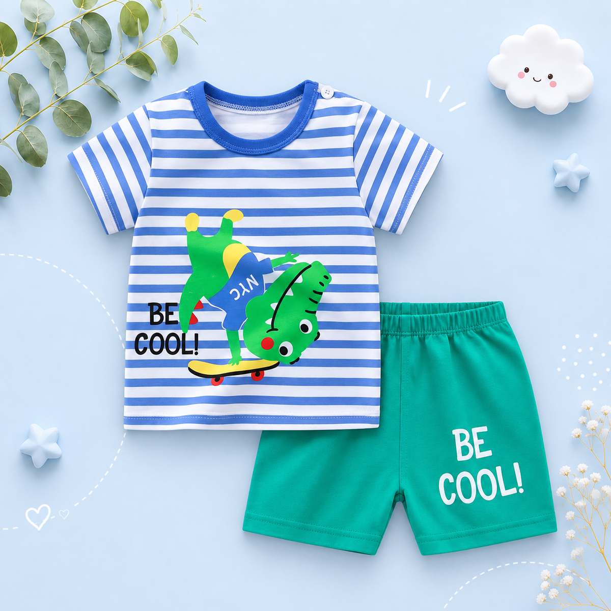 The Zayne - Baby Boy Green Dino Be Cool Cartoon Print T-shirt + Loose Shorts
