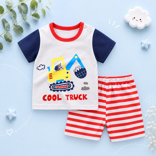 The Zayne - Baby Boy Cool Truck Cartoon Print T-shirt + Loose Shorts
