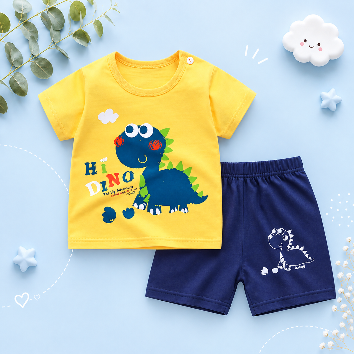 The Zayne - Baby Boy Hi Dino Cartoon Print T-shirt + Loose Shorts