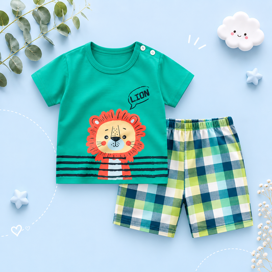 The Zayne - Baby Boy Orange Red Lion Cartoon Print T-shirt + Loose Shorts