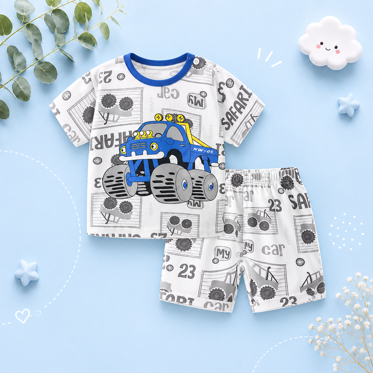 The Zayne - Baby Boy Blue Tractor Safari Cartoon Print T-shirt + Loose Shorts