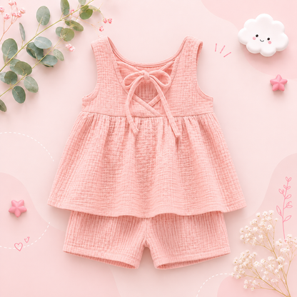 The Elianna - Baby Girl Pink Muslin Cotton Sleeveless Vest Dress Shorts