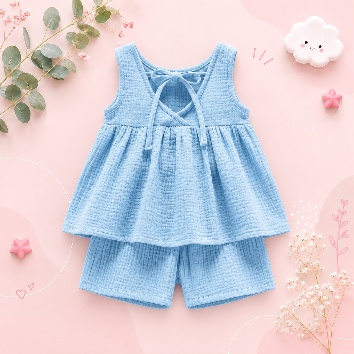The Elianna - Baby Girl Light Blue Muslin Cotton Sleeveless Vest Dress Shorts